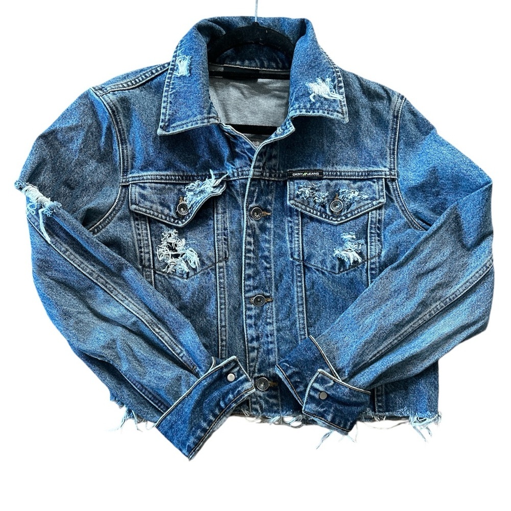 DKNYJEANS Womens Distressed Collared Slightly Cropped Jean Jacket Large